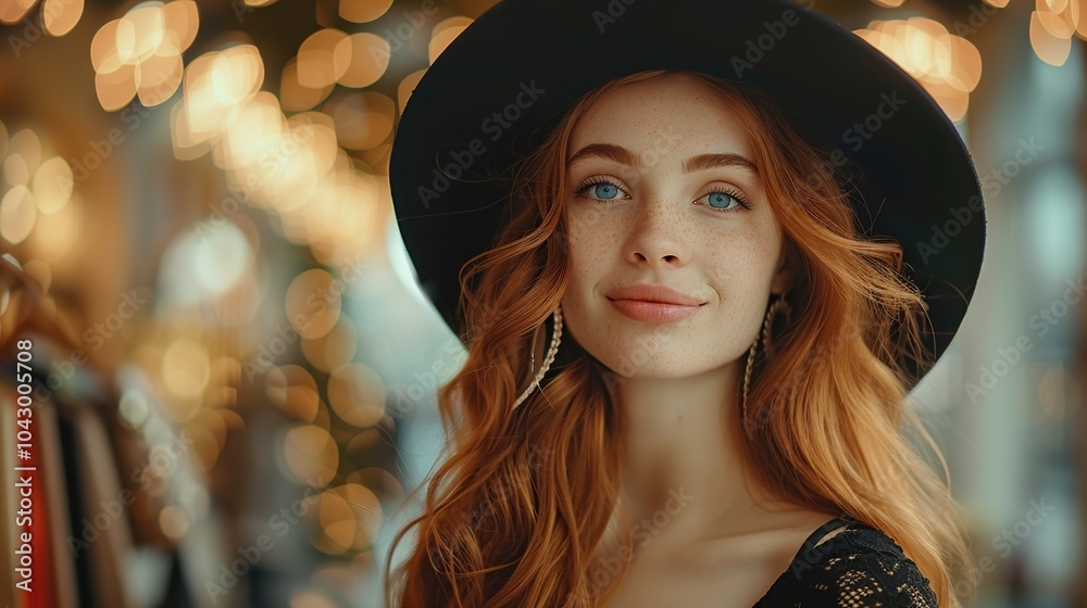 Close-up shot a style redhead girl in black hat and dress with on bokeh background Close-up shot a style redhead girl in black hat and dress with on bokeh background
