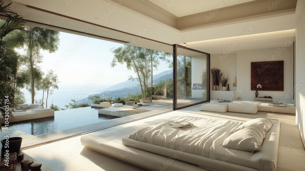 Fototapeta premium Minimalist Bedroom with Ocean View and Infinity Pool