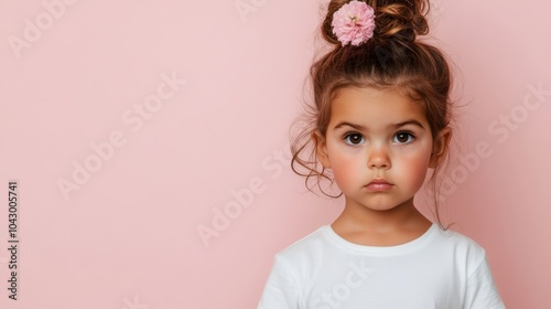 Young girl with a flower in her hair is standing in front of a pink wall. She has a serious expression on her face. funny little young girl , against an light pink background, some flowers