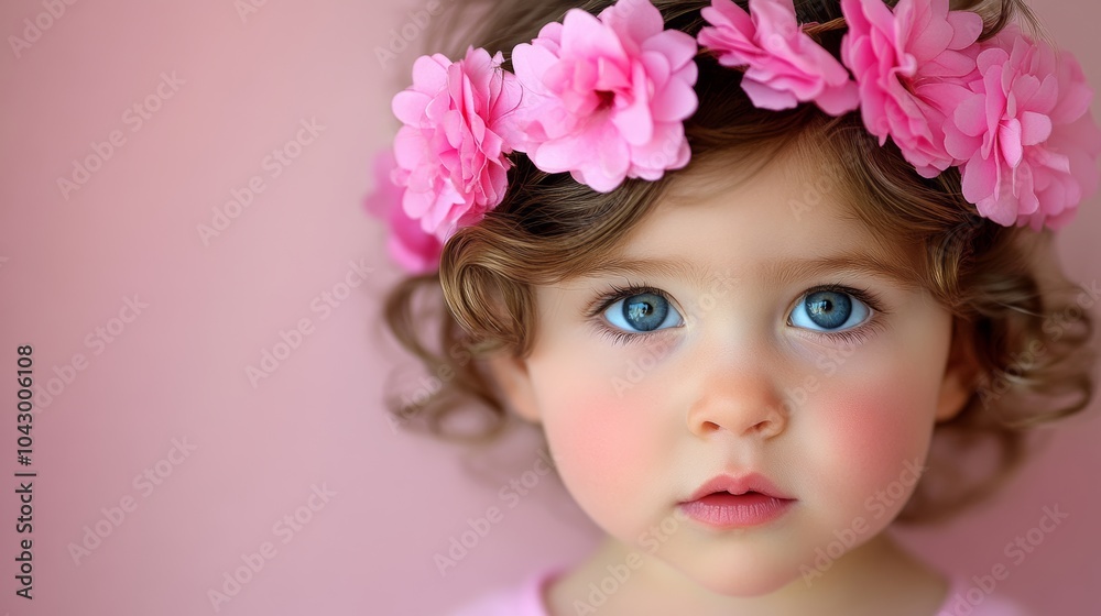 Young girl wearing a pink flower headband. She has blue eyes and a pinkish face. funny little young girl , against an light pink background, some flowers Young girl wearing a pink flower headband. She has blue eyes and a pinkish face. funny little young girl , against an light pink background, some flowers