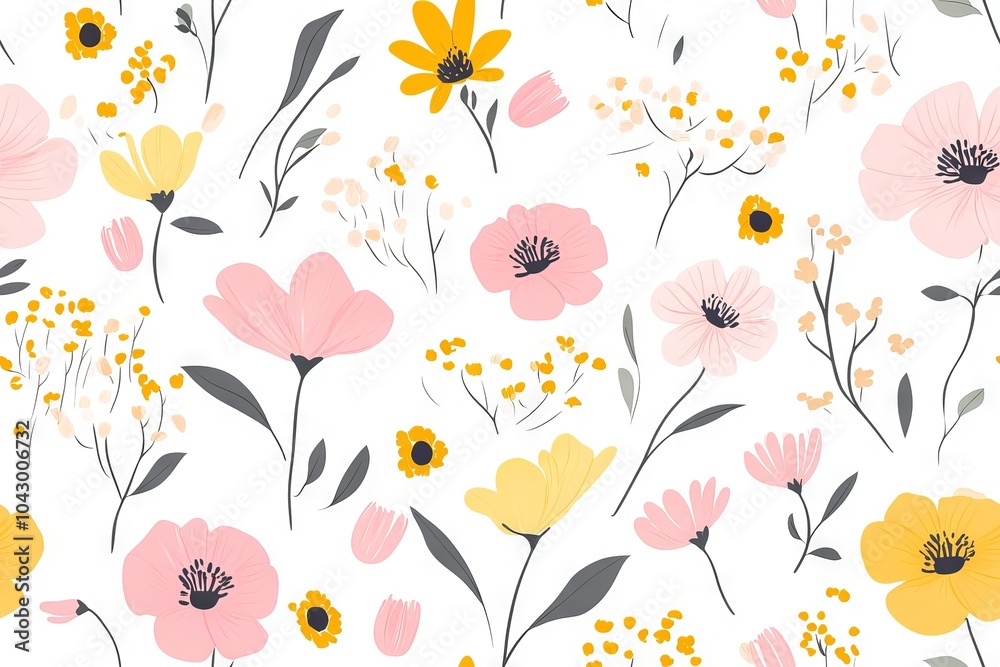 Fototapeta premium Charming floral pattern featuring small pink and yellow flowers on a white background, seamless vector texture for elegant fashion prints