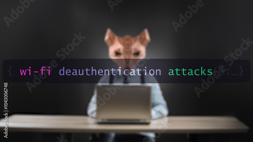 Cybersecurity concept on wi-fi deauthentication screen, hacker silhouette hidden with low poly style mask. Vulnerability and attack on colored code editor. Text in English. photo