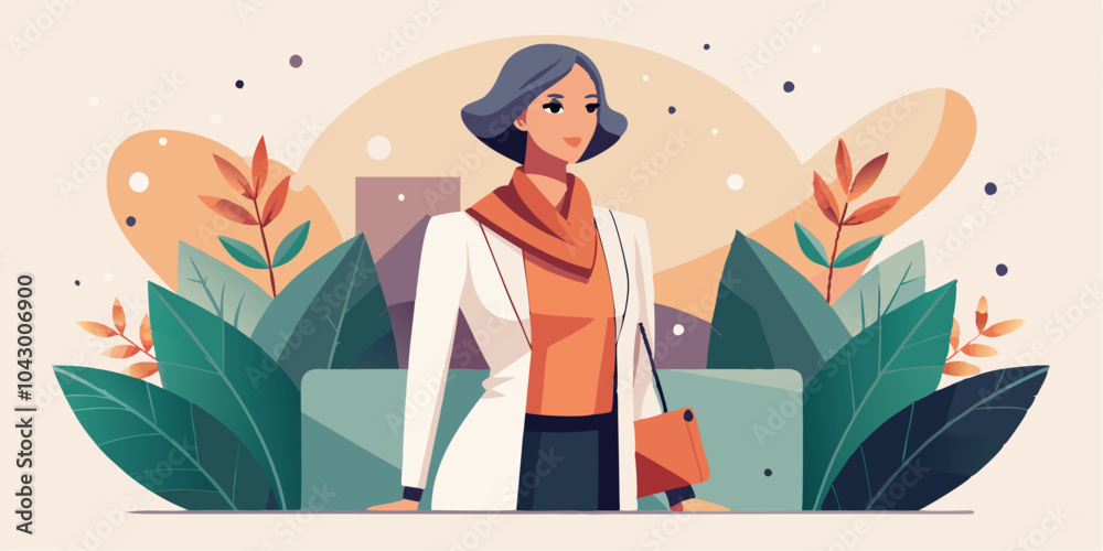 Businesswoman in nature-inspired setting with abstract urban elements - design for professional marketing material Businesswoman in nature-inspired setting with abstract urban elements - design for professional marketing material