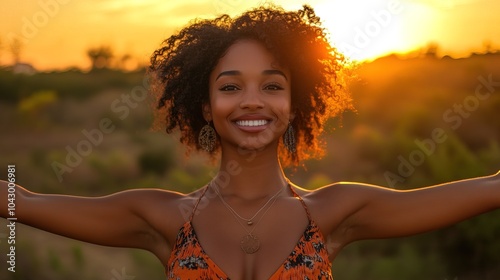 Beauty black woman with happy and idyllic expression on face opening arm and enjoying sunset  photo