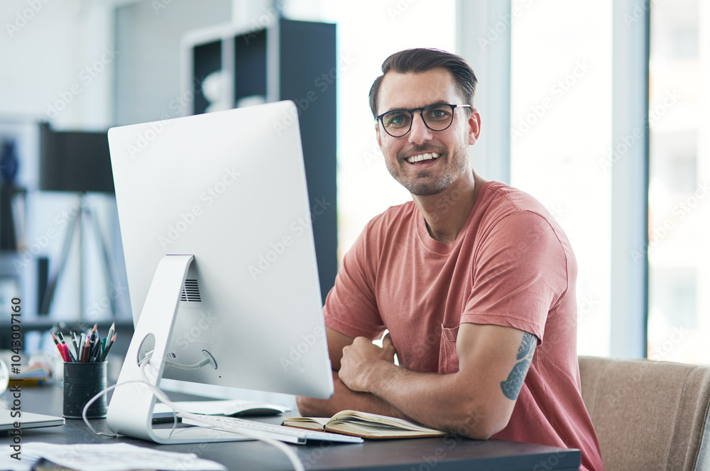 Computer, office and portrait of business man for online project, web design and research. Creative agency, company and person on monitor for internet, website software and planning for career Computer, office and portrait of business man for online project, web design and research. Creative agency, company and person on monitor for internet, website software and planning for career