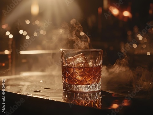 Smoky old fashioned in moody jazz club lighting