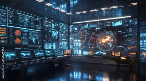 Futuristic Control Room with Monitors Displaying Data