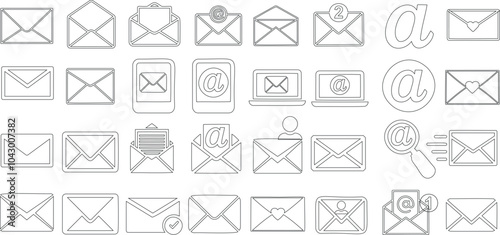 Email icons line art, envelope symbols, and digital communication illustration for web design, interfaces, messaging apps. Vector icons for email notifications, letters, and communication tools