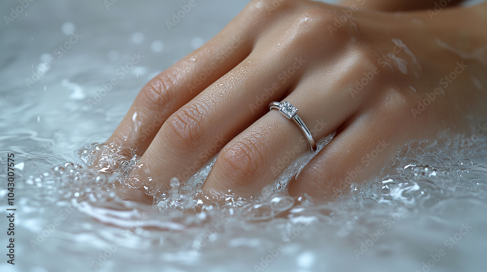 Fototapeta premium A close-up of a woman’s hand, adorned with a diamond ring, gracefully emerging from sparkling water. Droplets glisten on her smooth, wet skin