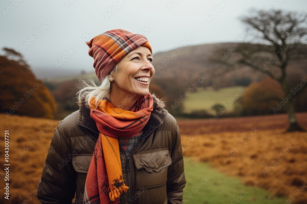 Portrait of happy senior woman in autumnal landscape looking at camera Portrait of happy senior woman in autumnal landscape looking at camera