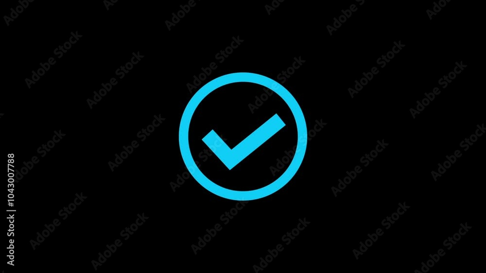 check mark icon animation on black background. cyan color check mark.