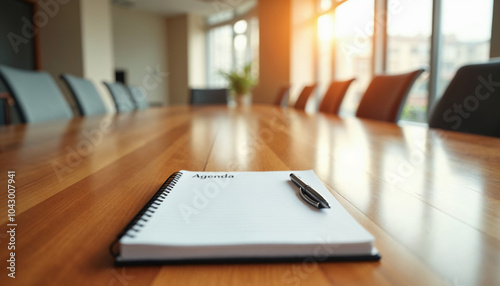 A notepad with "Agenda" sits ready in a calm, sunlit corporate meeting room.