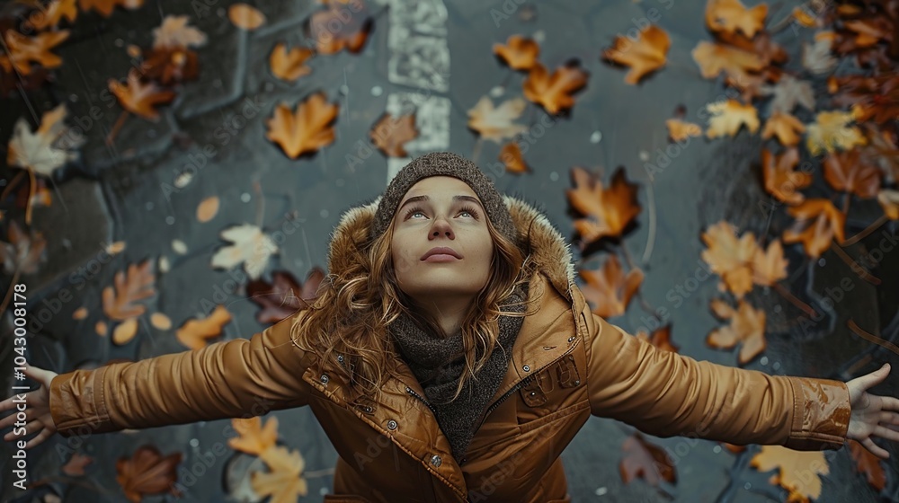 Aerial view of girl standing looking up at the sky with her arms outstretched in the rains fall Aerial view of girl standing looking up at the sky with her arms outstretched in the rains fall