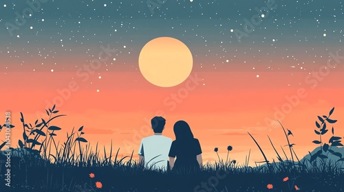 Couple sitting together under a starry sky during sunset, peaceful and romantic setting. photo