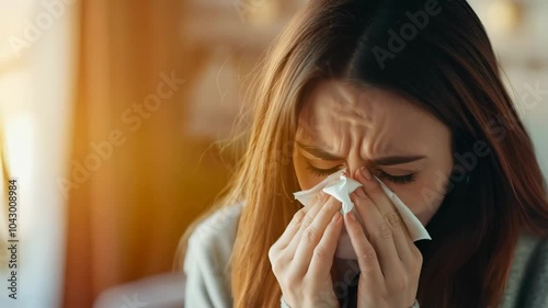 Young Woman Sneezing with Tissue – Flu, Allergy, or Cold Symptoms Concept