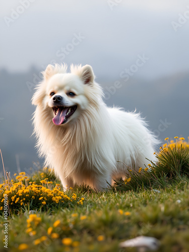 Perro pelon de raza crestado chino moteado en un paisaje con hierba amarilla en hd photo