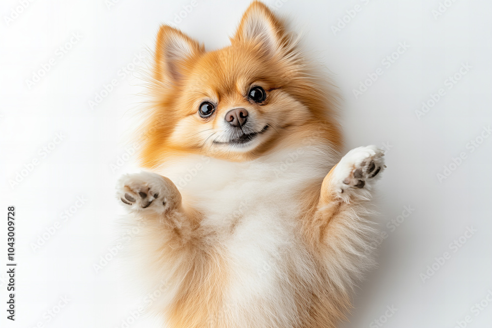 Happy dog lying on its back with a joyful expression and paws up, with ample copy space on a clean white background.
Happy dog lying on its back with a joyful expression and paws up, with ample copy space on a clean white background.