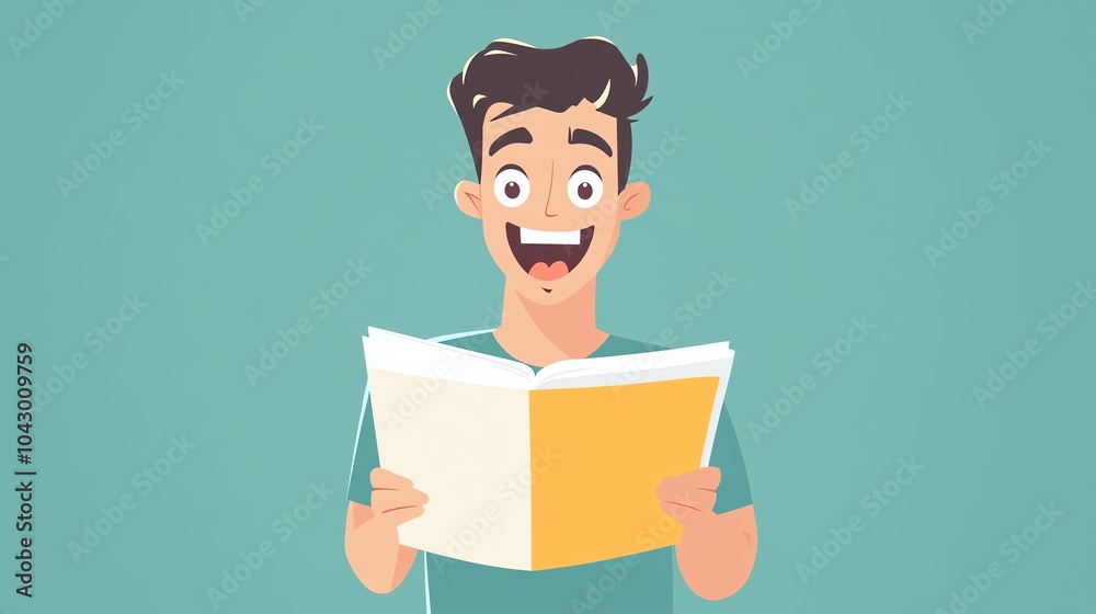 Happy person reading a book, expressive face, playful style. Happy person reading a book, expressive face, playful style.