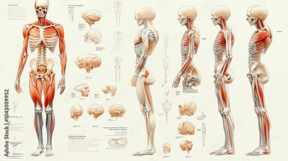 Anatomical illustration showcasing human muscles and skeletal structure. Anatomical illustration showcasing human muscles and skeletal structure.