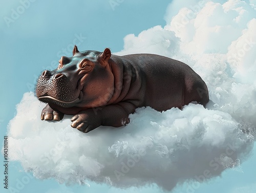 Chubby hippopotamus lounging on fluffy cloud photo