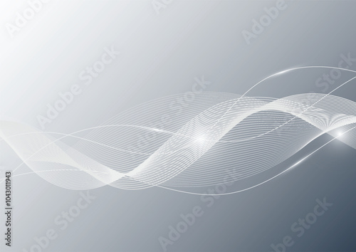 Abstract grey and white wave lines background with flowing particles. Business presentation concept. Brochure, Flyer, Science, Technology. Vector illustration