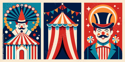 Vintage circus art panels: colorful tent, performer, and ringmaster illustrations for posters