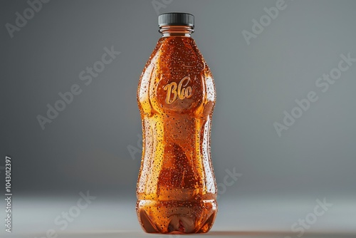 A Single Bottle of Orange-Tinted Beverage with Water Droplets photo