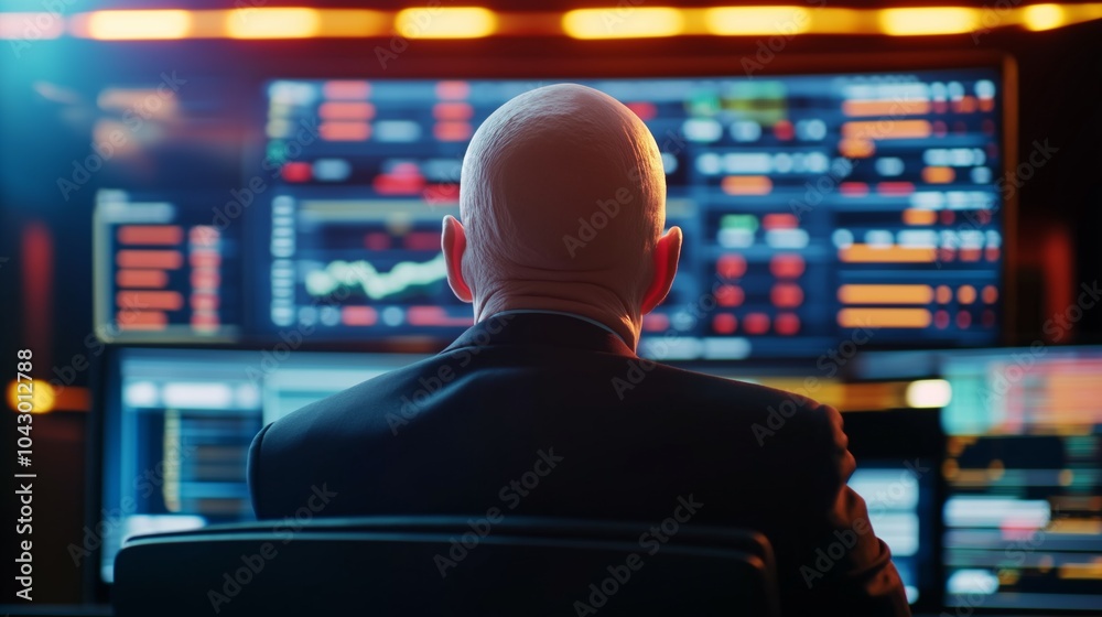 A financial analyst monitors market data on multiple screens in a corporate trading room during late hours. A financial analyst monitors market data on multiple screens in a corporate trading room during late hours.