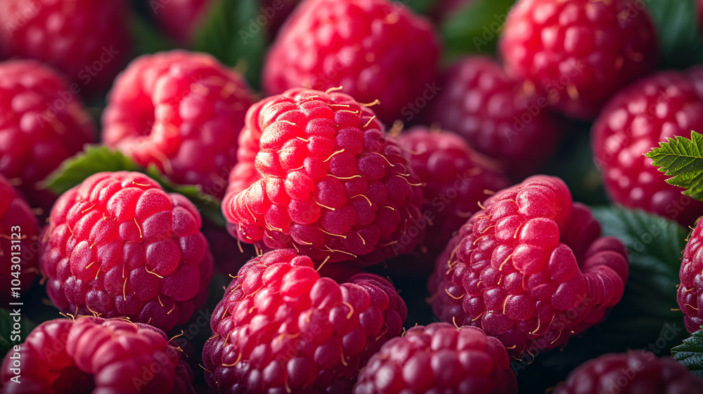 A vibrant assortment of raspberries fills the frame, showcasing their intricate textures and bright red hues. Green leaves peek through the delicious berry arrangement A vibrant assortment of raspberries fills the frame, showcasing their intricate textures and bright red hues. Green leaves peek through the delicious berry arrangement