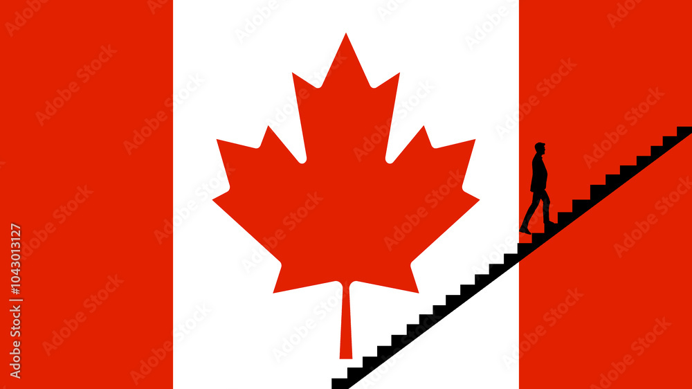 Fototapeta premium A Person Walking Up Stairs on a Canadian Flag