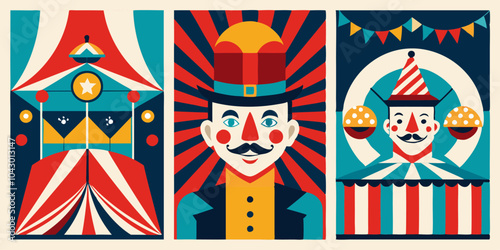 Vintage circus posters with clown illustrations for artwork and decor