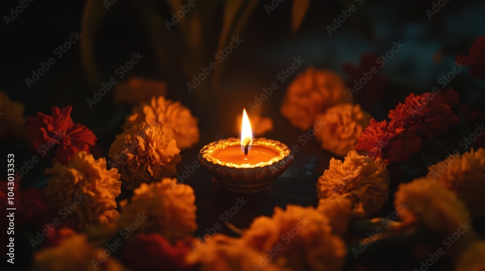 Illuminated diwali celebration with flowers and diyas Illuminated diwali celebration with flowers and diyas