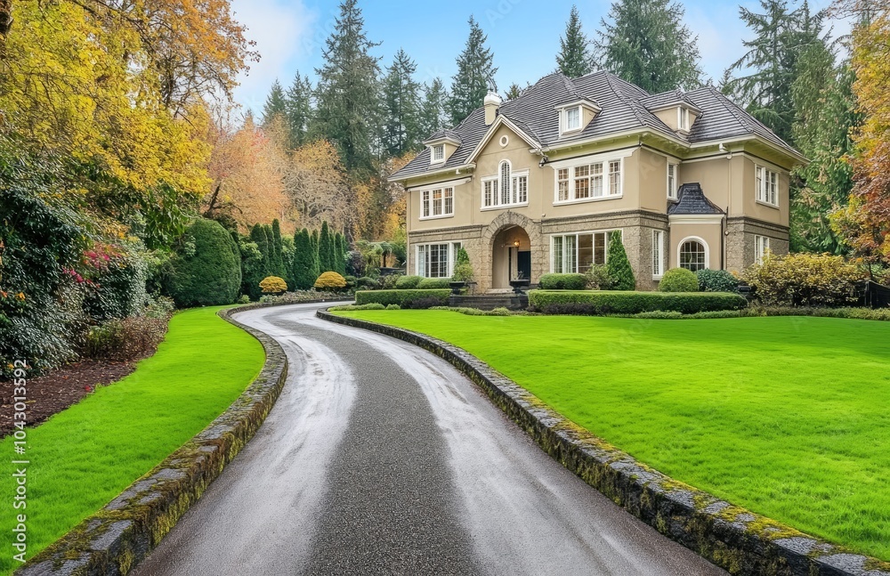 Fototapeta premium A beautiful home in the Pacific Northwest, with a large front yard and driveway.
