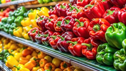 Fresh red yellow green giant paprikas on shelf in the supermarket Panoramic