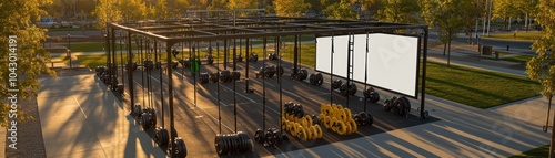 Modern outdoor gym structure with weights and open space for fitness activities.