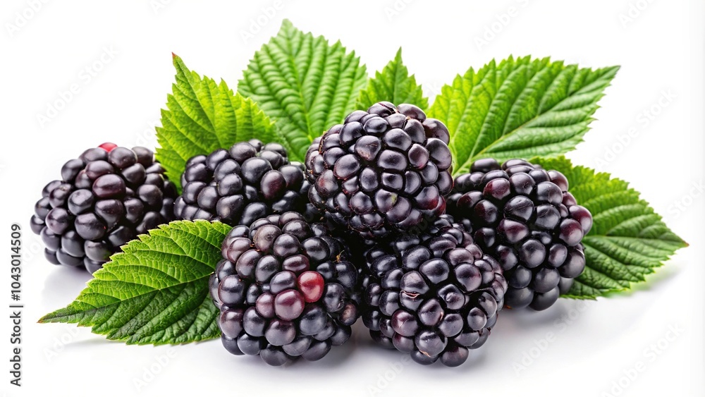 Fresh ripe blackberries with green leaves isolated on white background Fresh ripe blackberries with green leaves isolated on white background