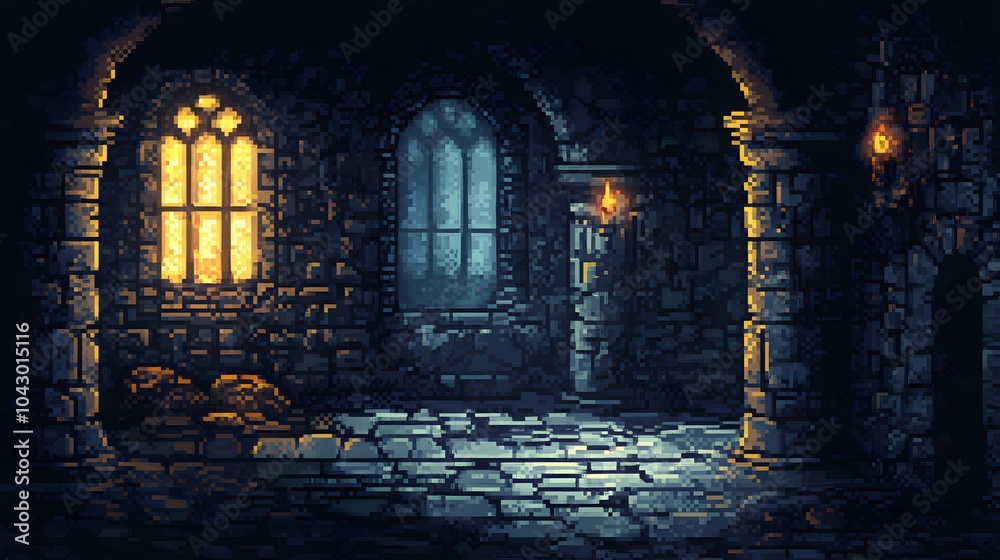 Pixel art dungeon background for 8 bit games. Pixel art dungeon background for 8 bit games.