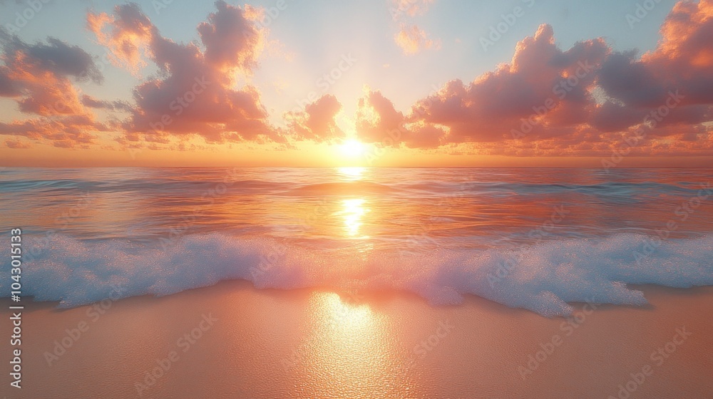 Obraz premium Serene beach sunset with gentle waves and colorful clouds.