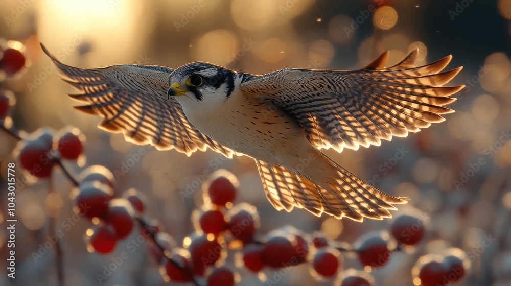 Fototapeta premium A bird in flight among vibrant red berries at sunset.
