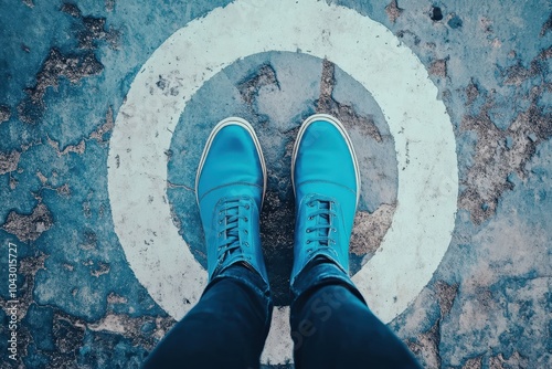 Turn Around. Blue Shoes and U-turn Sign Symbolizing a Change of Direction photo