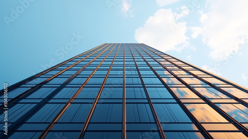 A towering skyscraper seen from a worms-eye view