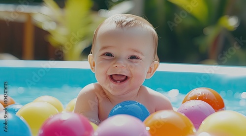 A cute baby playing in the pool with colorful balls, smiling and laughing at the camera