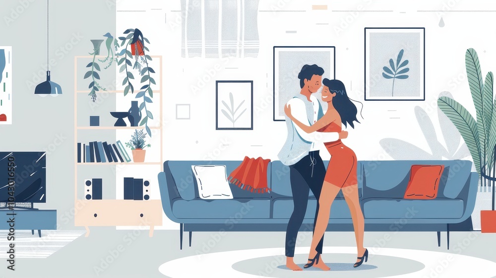 Romantic Couple Dancing in a Cozy Living Room Romantic Couple Dancing in a Cozy Living Room