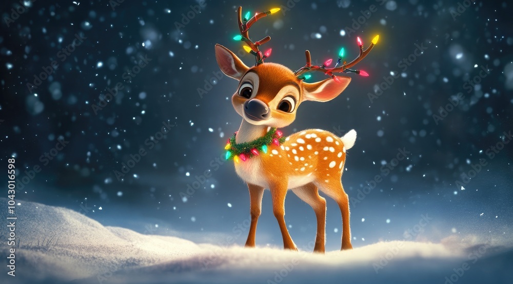 A cute deer with Christmas lights on its antlers, standing in the snow against a winter background. A cute deer with Christmas lights on its antlers, standing in the snow against a winter background.