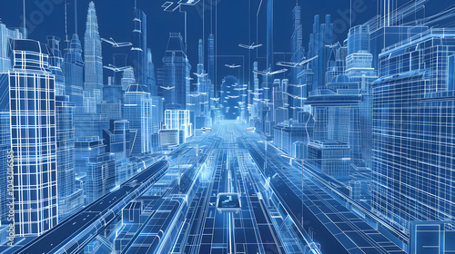 A cityscape with a blue sky and a road with cars on it. The city is futuristic and the sky is clear