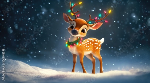 A cute deer with Christmas lights on its antlers, standing in the snow against a winter background.