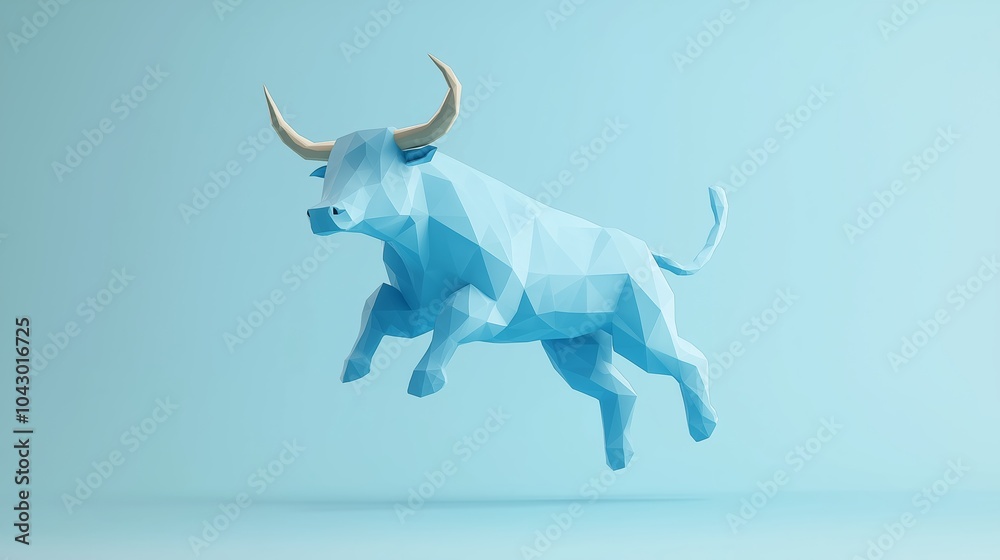 A blue geometric bull jumping in a minimalist setting with a light background, showcasing dynamic movement and artistic design. A blue geometric bull jumping in a minimalist setting with a light background, showcasing dynamic movement and artistic design.