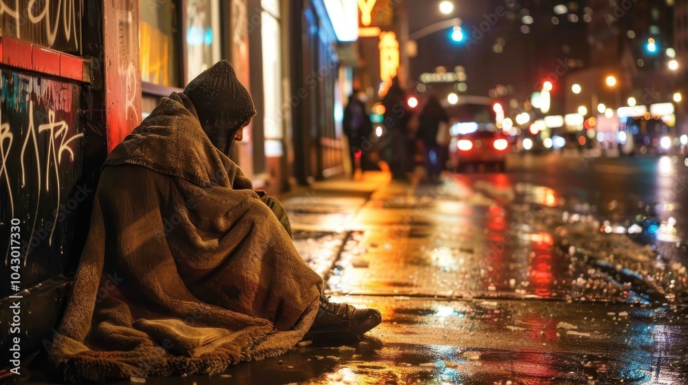Homeless Person Sitting on City Sidewalk at Night Homeless Person Sitting on City Sidewalk at Night