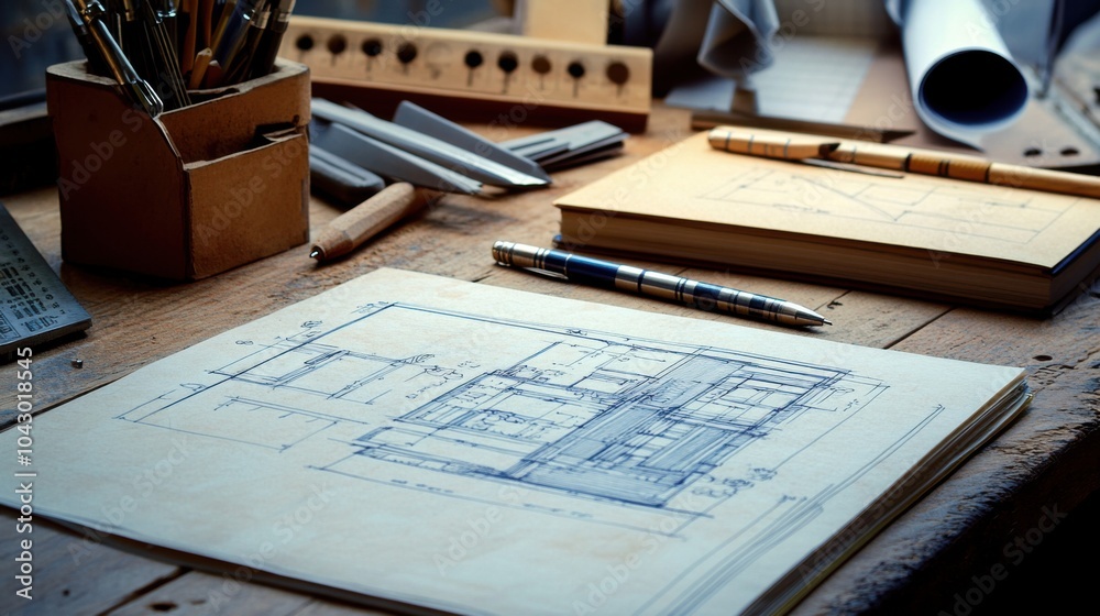 Fototapeta premium A workspace featuring architectural blueprints and drafting tools.
