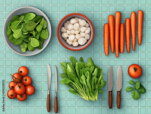 Fresh Ingredients on a Vibrant Kitchen Counter Ready for Cooking and Meal Preparation photo